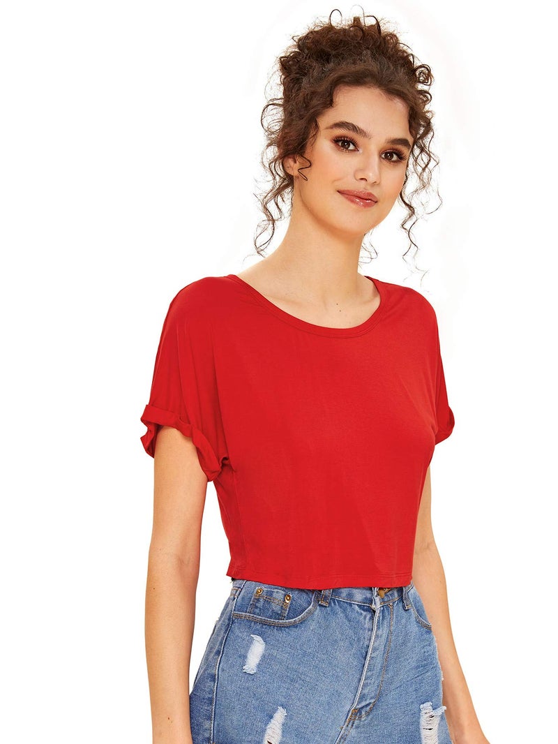 SweatyRocks Women's Casual Round Neck Short Sleeve Soild Basic Crop Top T-Shirt Red Large - Image 4
